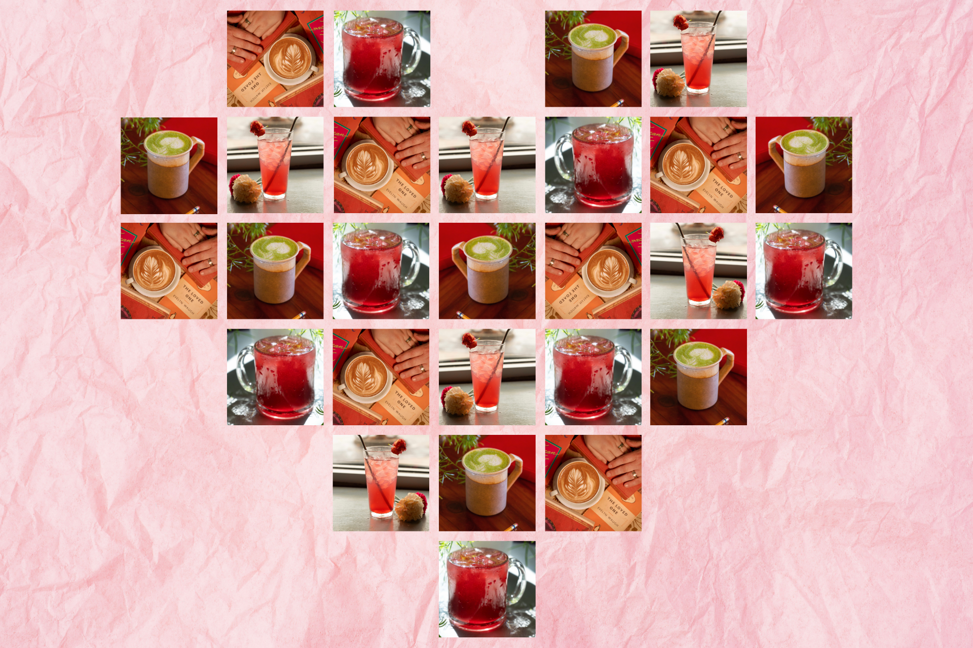 a heart shape collage of coffee and tea drinks